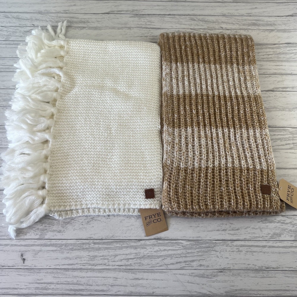 Frye and Co Womens Scarves Garter Fringe Ivory Sparkle Mouline Striped Lot Of 2